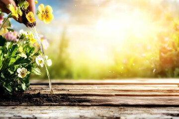 Hand pours water onto yellow and white flowers on a wooden surface with sunny background.