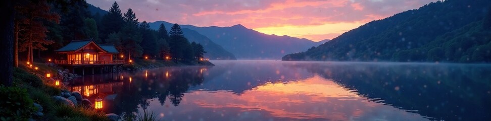 The soft glow of lanterns illuminates a serene lake landscape at dusk, landscape, lake