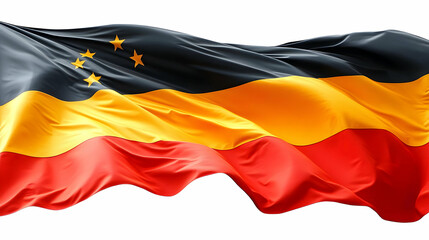 Naklejka premium Flag of a Country with Black, Gold, and Red Stripes and Gold Stars Flows Majestically