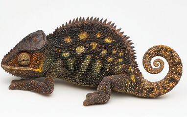 Obraz premium A striking chameleon with its textured skin and spiral tail on a bright white backdrop
