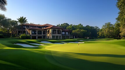 Fototapeta premium Sunny day golf tournament aerial photography of luxury course action