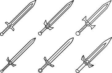 Set of Black Line art of a Sword on a White Background - Vector Illustration