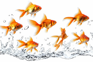 Goldfish swim gracefully creating water splashes in white background with bubbles.