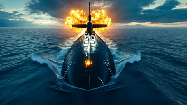 Military submarine navigates through turbulent waters during a dramatic underwater explosion at sunset
