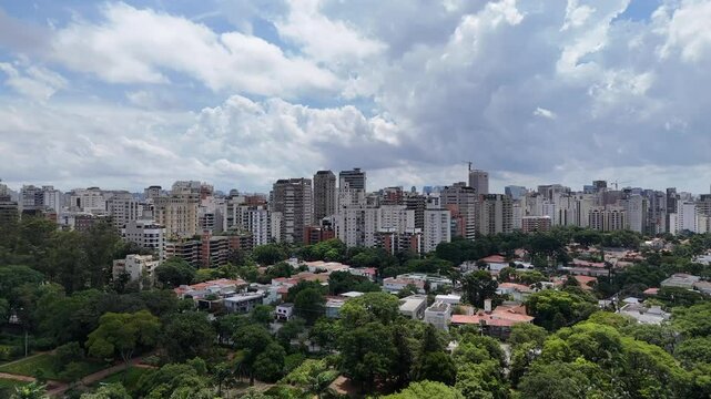 Aerial video above Parque Ibirapuera Sao Paulo on a sunny day
