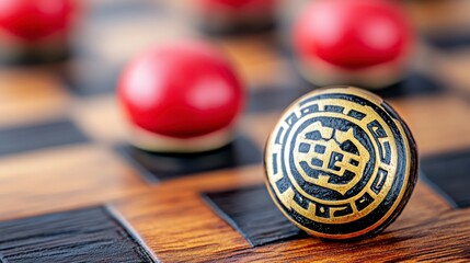 Close-Up of Checkerboard with Red and Black Game Pieces on Wood