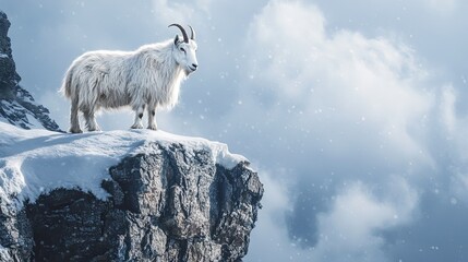 Fototapeta premium Majestic mountain goat on snowy cliff, winter landscape, wildlife photography.