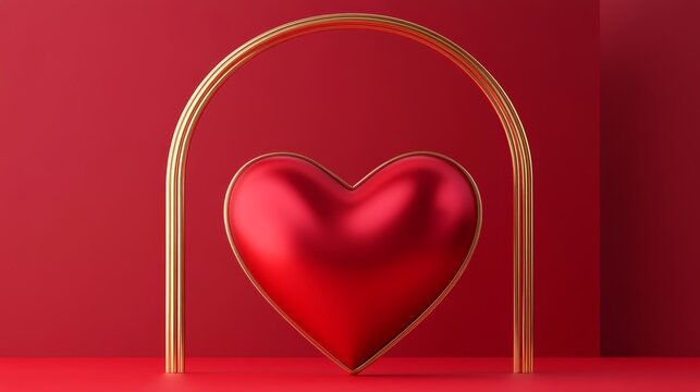 Naklejki Romantic 3D Heart Sculpture with Arch on Red Background