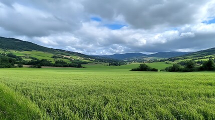 Obraz premium Serene Green Valley Landscape Under a Cloudy Sky