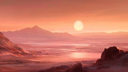 Serene Alien Landscape at Dusk with Red Skies and a Distant Sun Setting Over Mountain Peaks