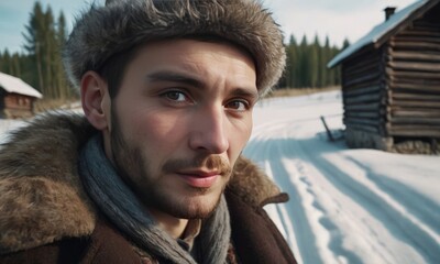 Village men in different situations at work, standing on the road, near the fire, illustrations of village life