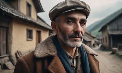 Village men in different situations at work, standing on the road, near the fire, illustrations of village life