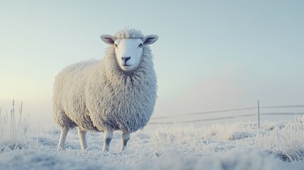 Fototapeta premium Frosty morning, sheep in pasture, sunrise, winter.