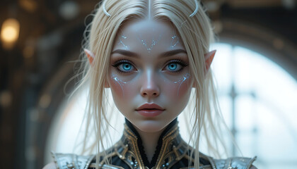 Beautiful Pleiadian, Nordic Extraterrestrial Humanoid Alien with blonde hair and blue eyes. Made by Generative AI