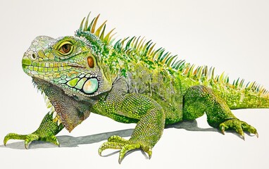 Fototapeta premium An iguana with vivid green scales and spikes detailed on a clean white surface