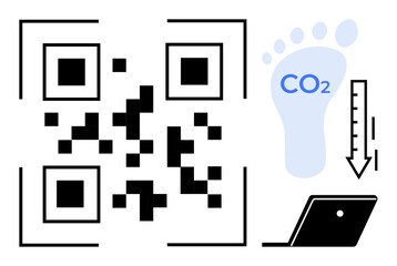 QR code, blue CO2 inside footprint, down arrow, laptop emphasizing reducing carbon footprint through technology. Ideal for sustainability, eco-friendly tech, emissions tracking, digital solutions