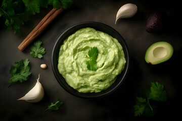 Fresh Guacamole Dip in Black Bowl Decorated with Cilantro Leaves Beautifully on Dark Background