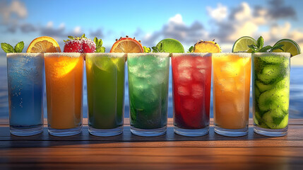 Colorful Cocktails Line Up on Wooden Table Overlooking Tropical Waters at Sunset