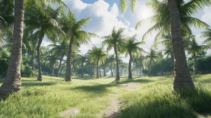 Obraz premium Lush tropical paradise with palm trees, sunlight, and grassy path.