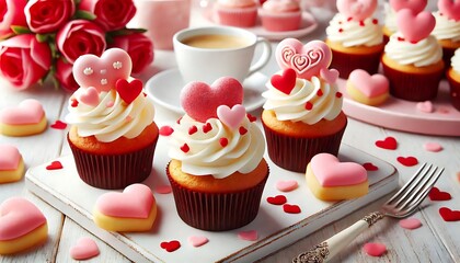 Valentine Day cupcakes with heart shaped toppers.