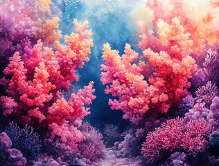 Naklejka premium Underwater Coral Reef Watercolor Seamless Pattern Colorful Ocean Decoration Design Fabric