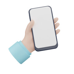 3d illustration. Cartoon Character hand holding a phone with white screen.
