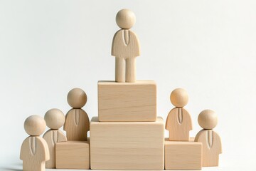 Wooden figure standing on a cube higher than others - concept of leadership or hierarchy 