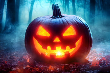 Naklejka premium Glowing Jack-o'-lantern Sits on Forest Floor with Spooky Fog Creeping Through the Trees on Halloween