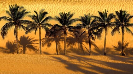 Obraz premium Palm trees cast long shadows on a golden sand dune.