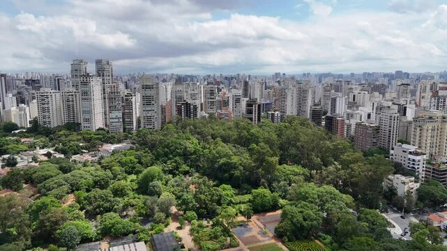 Aerial video above Parque Ibirapuera Sao Paulo on a sunny day