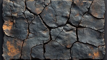 Fototapeta premium Textured surface of cracked, dark stone with rust-like accents.