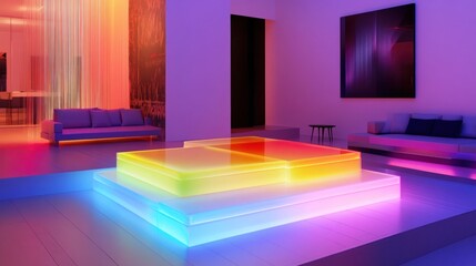 A bold and colorful LED installation art piece in a modern gallery
