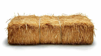 Rectangular Bale of Hay Tightly Bound with Twine on a White Background