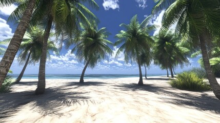 Obraz premium Idyllic tropical beach scene with palm trees, white sand, and turquoise ocean under a bright blue sky.