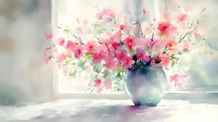 Watercolor Painting of Pink Flowers in a Vase by a Bright Window, Artistic Floral Still Life