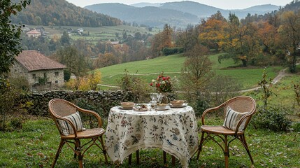 Autumnal Table Setting With Scenic Mountain View