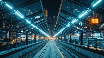 Naklejka premium Futuristic city night cityscape, illuminated walkway.