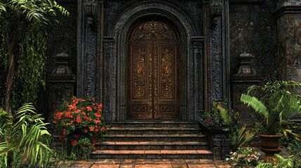 Fototapeta premium Majestic ornate double doors surrounded by lush greenery and vibrant flowers in an ancient stone facade