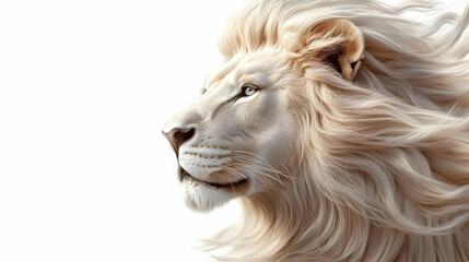 Majestic White Lion with Flowing Mane Looks Ahead on White Background