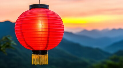 Obraz premium Vibrant Red Lantern Against Mountain Landscape at Sunset
