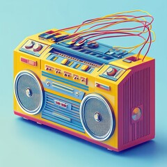 Vibrant Retro Boombox Illustration with Geometric Shapes and Sound Waves