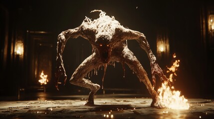 Creepy monster emerging from darkness with fiery background in an eerie horror setting