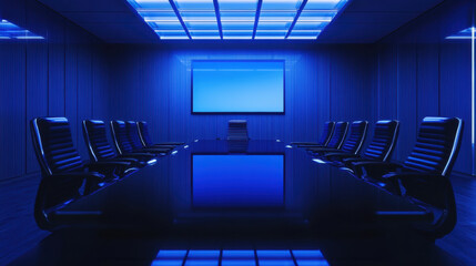 Naklejka premium modern conference room with blue lighting, featuring long table and ergonomic chairs, ideal for meetings and presentations. sleek design creates professional atmosphere