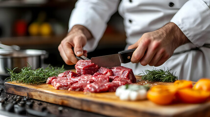 Chef Cuts Raw Beef on Wooden Board with Rosemary and Vegetables Skillfully