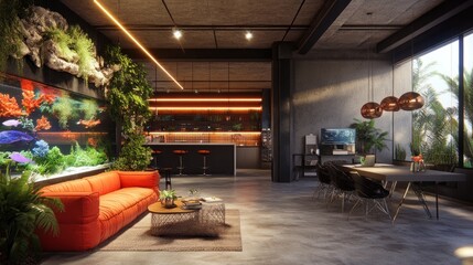Naklejka premium Modern apartment interior with large aquarium, plants, and lounge area.