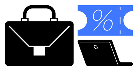 Business briefcase, laptop, and percentage discount voucher suggesting work, technology, incentives. Ideal for business, finance, office work, savings digital tools productivity online shopping