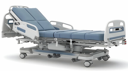 Modern Hospital Bed Showcases Adjustable Features and Mobility on a Clean White Background