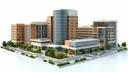 Modern city buildings stand tall with glass facades and landscaped grounds, on a white background.