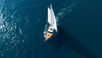 Aerial drone ultra wide photo of beautiful sail boat with wooden deck cruising in open ocean deep blue sea, doodle art. isolated with white highlights
