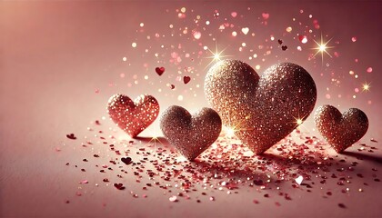 Shimmering rose gold glitter hearts glowing on a gradient pink background, exuding romance and leaving space for text. Generative AI